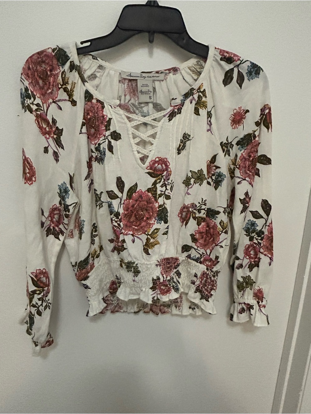 American Rag White Floral Lace-Up Smocked Waist Blouse
